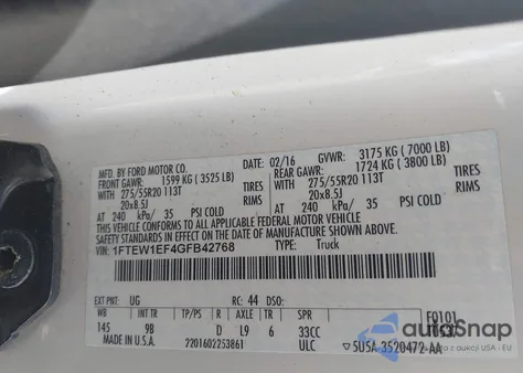 2016 Ford F-150 Platinum z USA, uszkodzony, nr VIN 1FTEW1EF4GFB42768